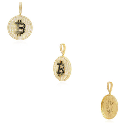 14K Yellow Gold CZ Black Pave Iced Bitcoin Pendant 2.1"
