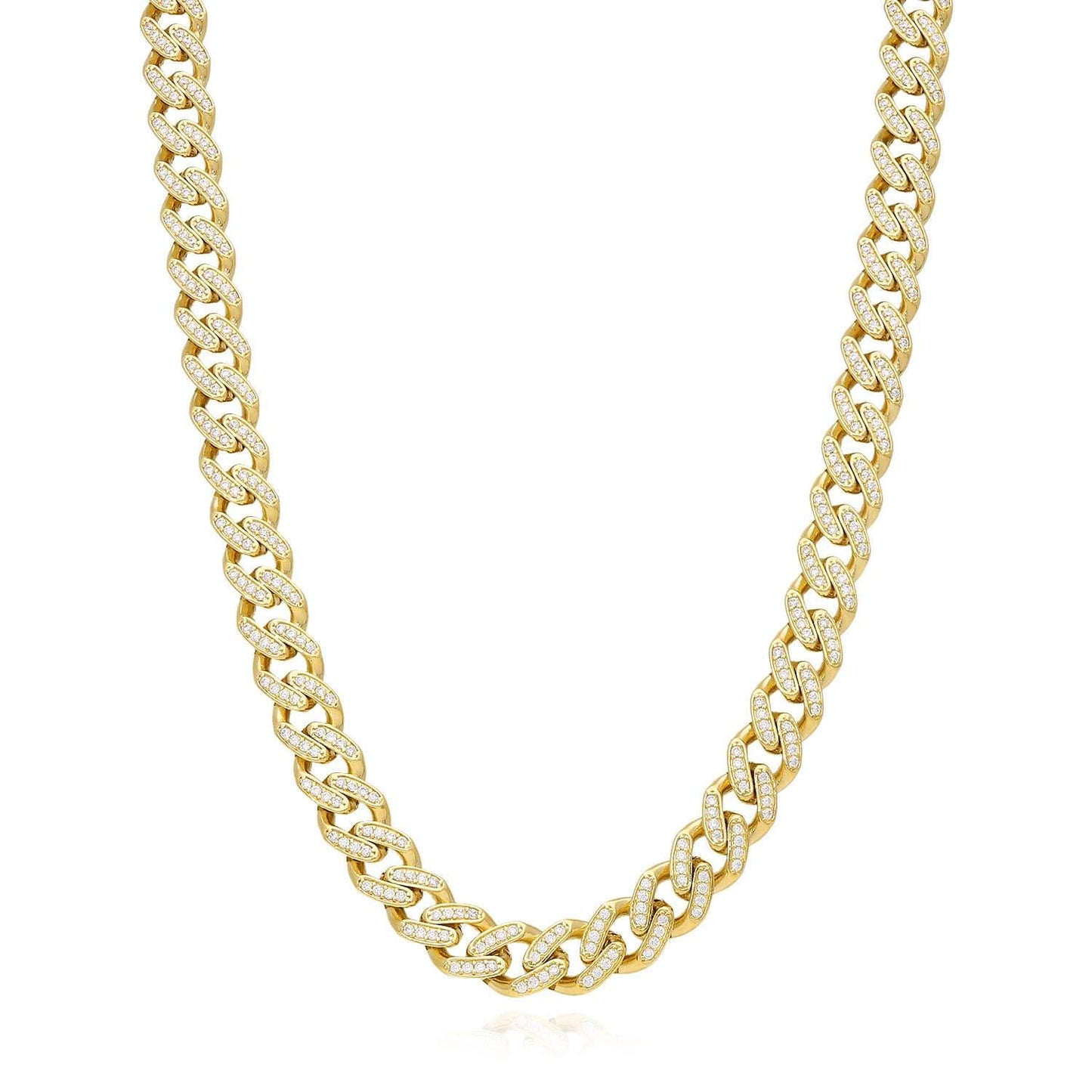 14K Gold CZ Pave 9mm Hollow Miami Chain Necklace 18.5"-24"