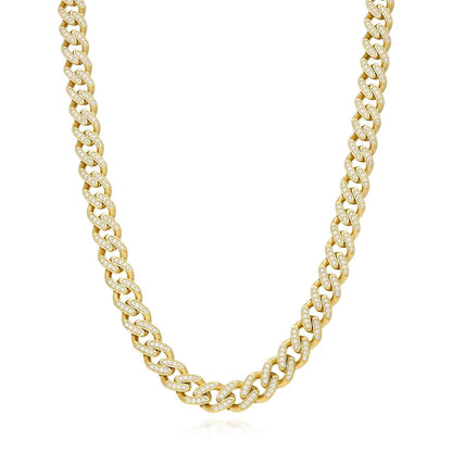 14K Gold CZ Pave 9mm Hollow Miami Chain Necklace 18.5"-24"
