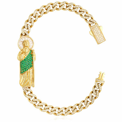 14K Yellow Gold CZ Emerald Pave Saint Jude Miami Bracelet (Hollow) 8" - WJD Exclusives