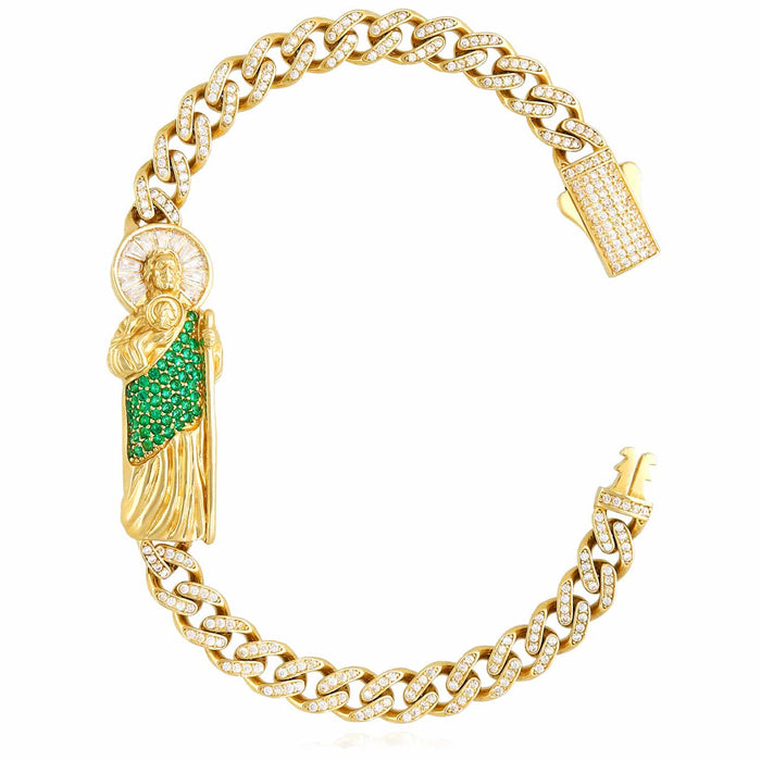 14K Yellow Gold CZ Emerald Pave Saint Jude Miami Bracelet (Hollow) 8" - WJD Exclusives