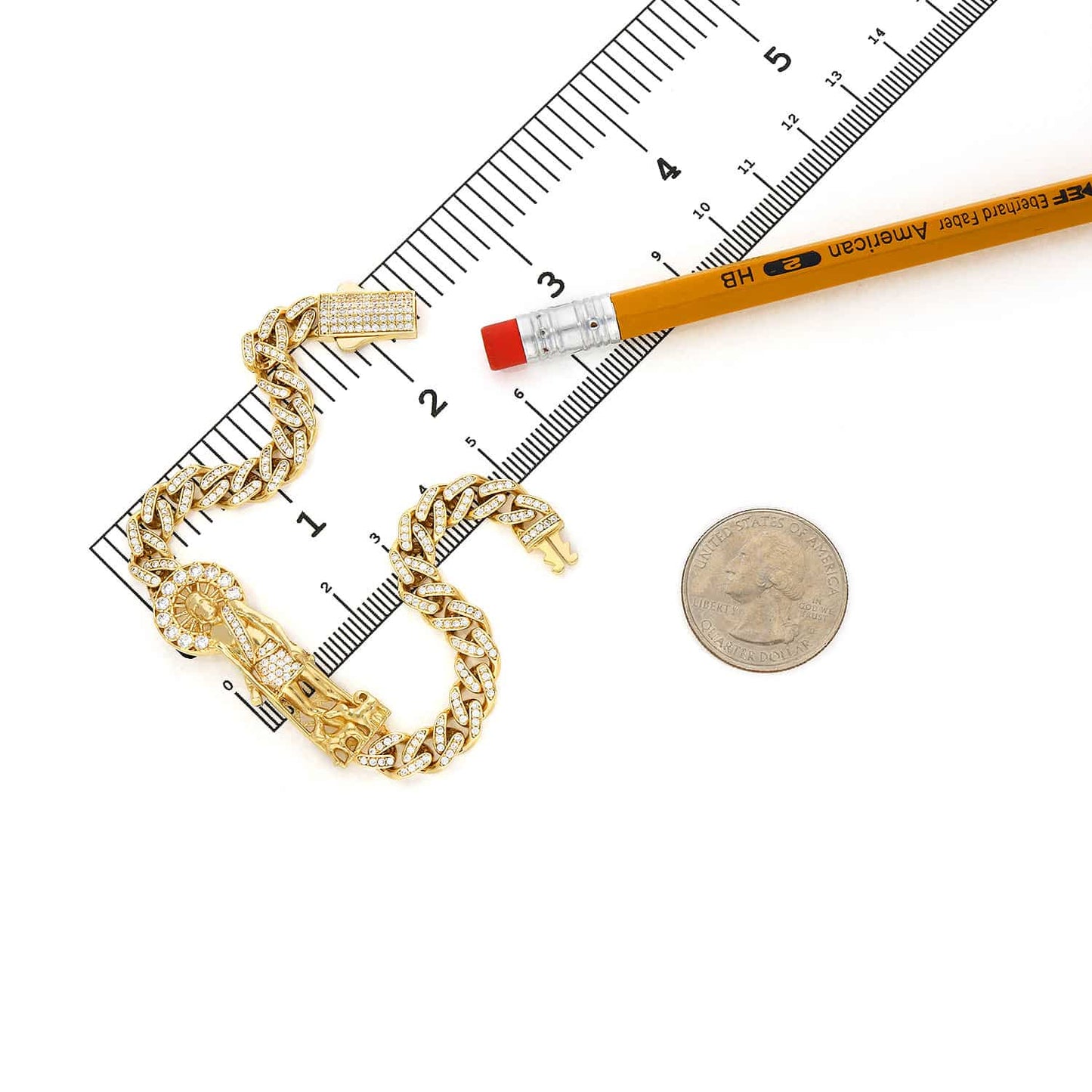14K Yellow Gold CZ Pave Saint Lazarus Miami Bracelet 8"