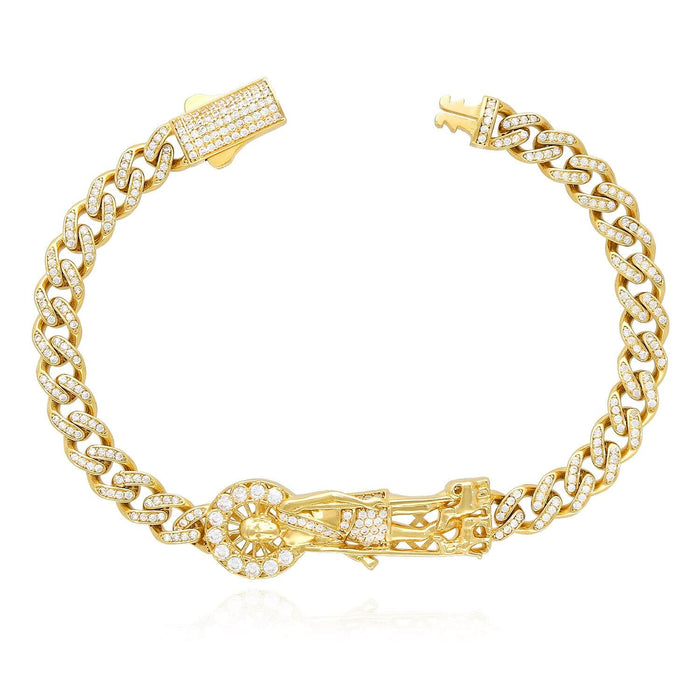 14K Yellow Gold CZ Pave Saint Lazarus Miami Bracelet (Hollow) 8" - WJD Exclusives