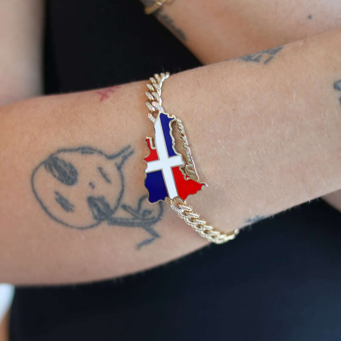 14K Yellow Gold CZ Dominican Republic Flag Miami Bracelet (Hollow) 8" - WJD Exclusives