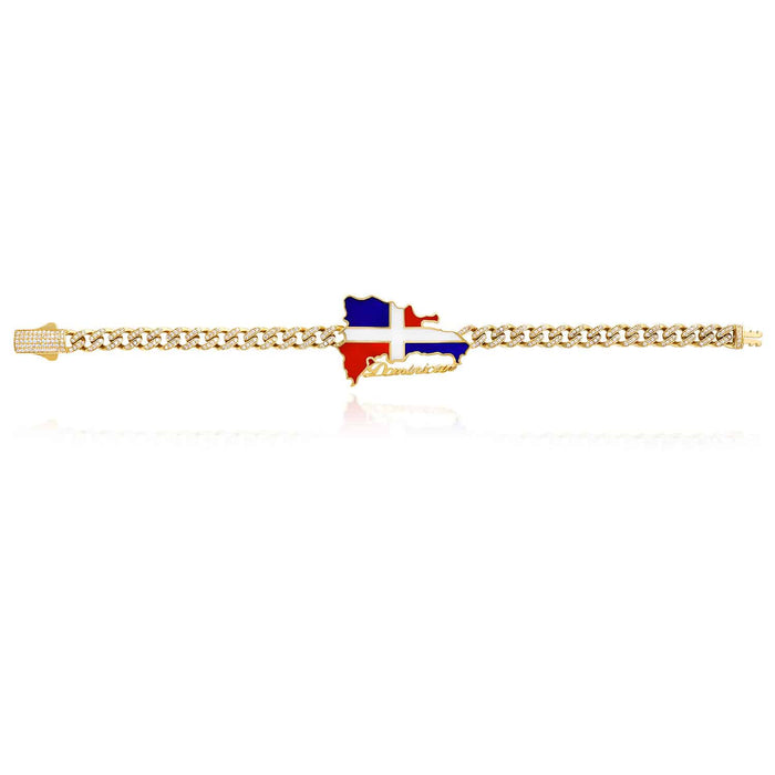 14K Yellow Gold CZ Dominican Republic Flag Miami Bracelet (Hollow) 8" - WJD Exclusives