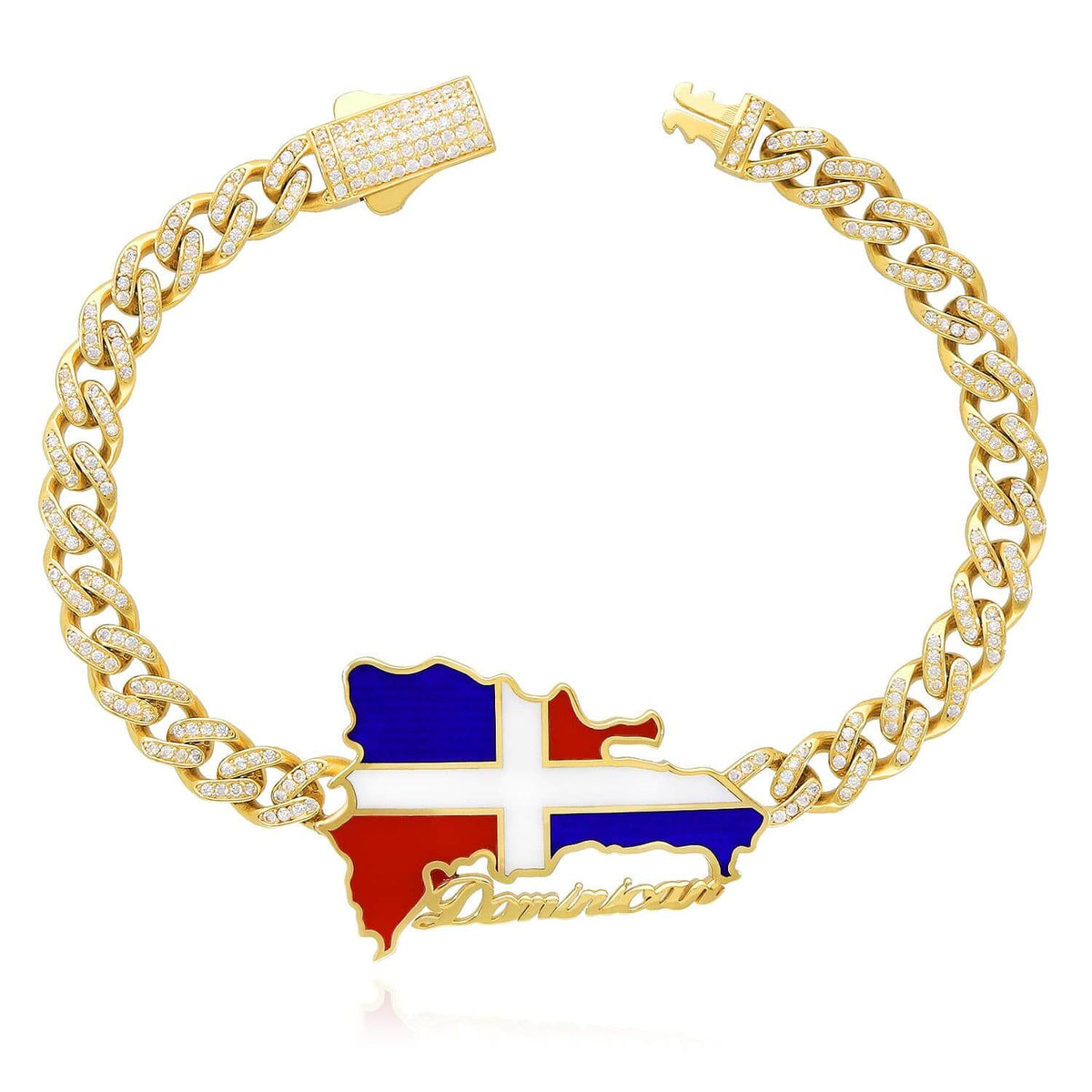 14K Yellow Gold CZ Dominican Republic Flag Miami Bracelet (Hollow) 8" - WJD Exclusives