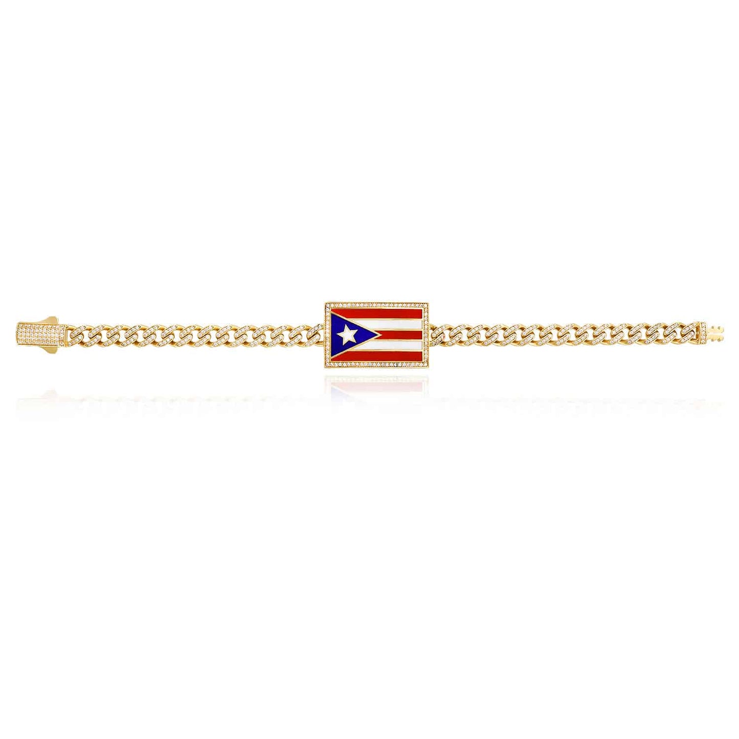 14K Gold Yellow CZ Color Puerto Rico Flag Miami Bracelet 8"