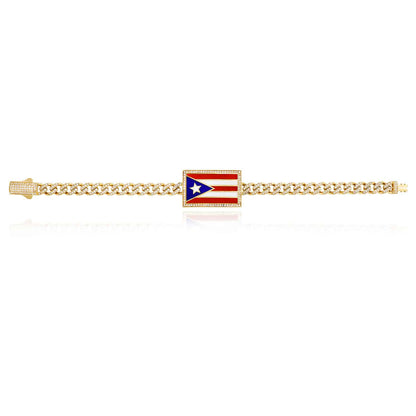 14K Gold Yellow CZ Color Puerto Rico Flag Miami Bracelet 8"