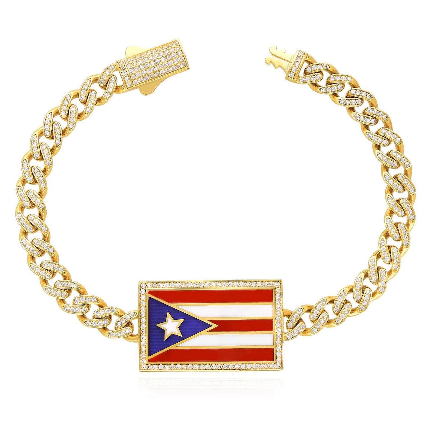 14K Gold Yellow CZ Color Puerto Rico Flag Miami Bracelet 8"
