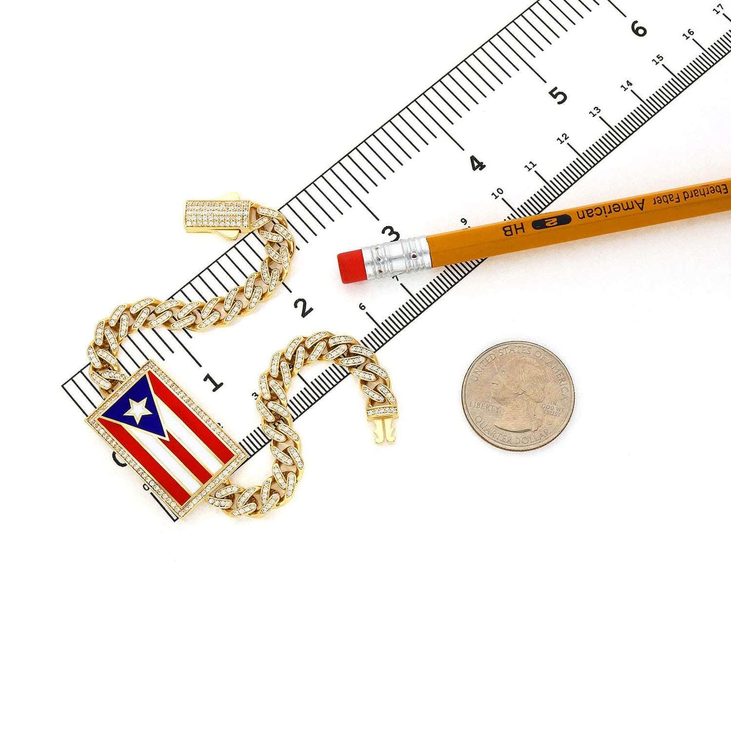 14K Gold Yellow CZ Color Puerto Rico Flag Miami Bracelet 8"