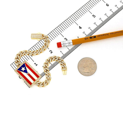 14K Gold Yellow CZ Color Puerto Rico Flag Miami Bracelet 8"