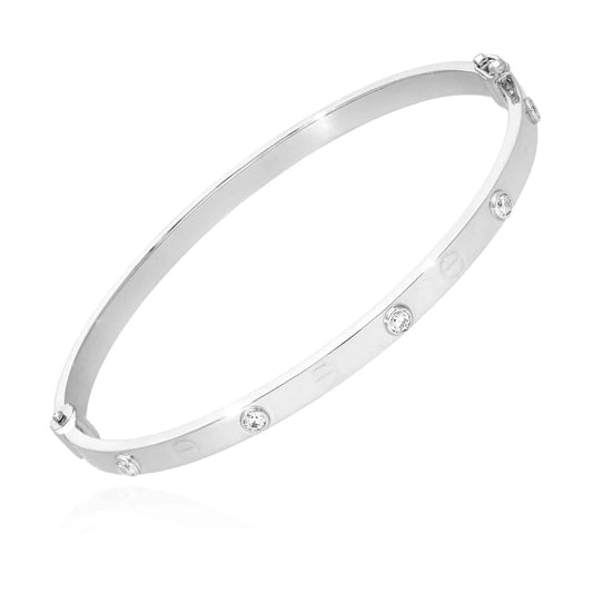 14K White Gold Hollow 4mm Screw CZ Bangle Bracelet 7.25"-7.5"