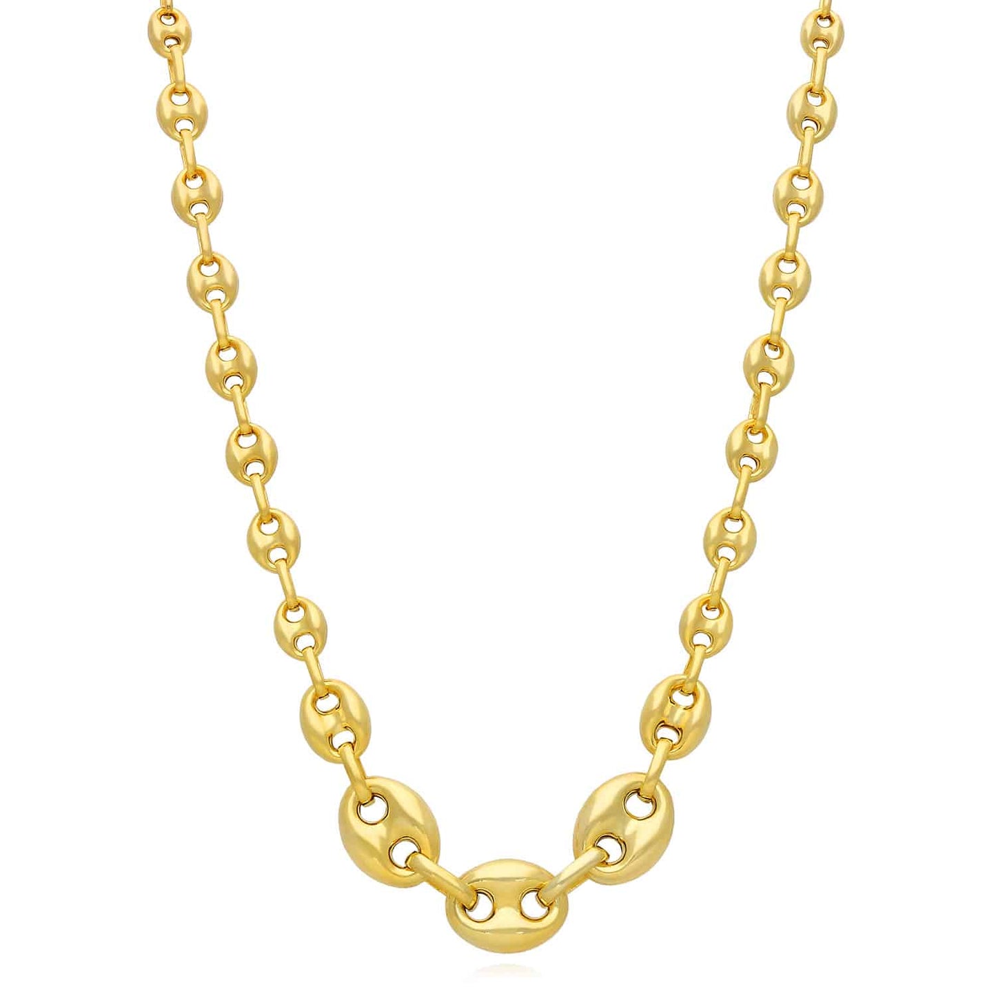 18K Yellow Gold Over Silver Puffed Anchor Mariner Graduated Necklace 17"