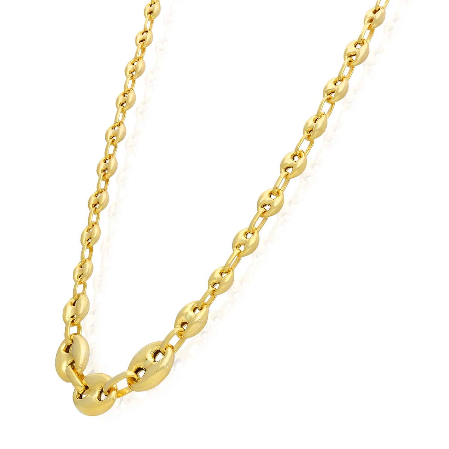18K Yellow Gold Over Silver Puffed Anchor Mariner Graduated Necklace 17"