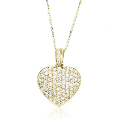 14k Yellow Gold CZ Heart Pendant With 1mm Cable Chain Necklace