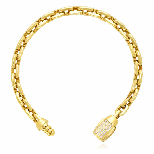 14K Gold CZ 6mm Barrel Lock Parallel Oval Cable Bracelet 7.5"