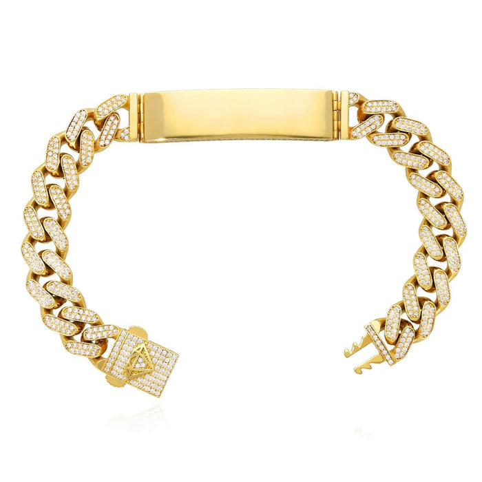 14K Yellow Gold CZ Pave 11mm Miami ID Bar Bracelet (Hollow) 8" - WJD Exclusives