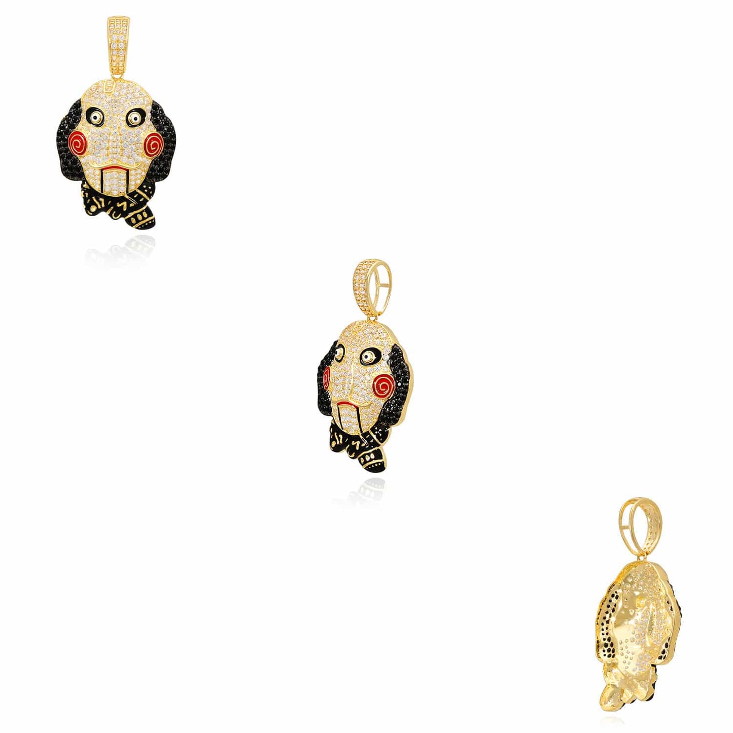 14K Yellow Gold CZ Pave SAW Jigsaw Mask Charm Pendant 1.7"