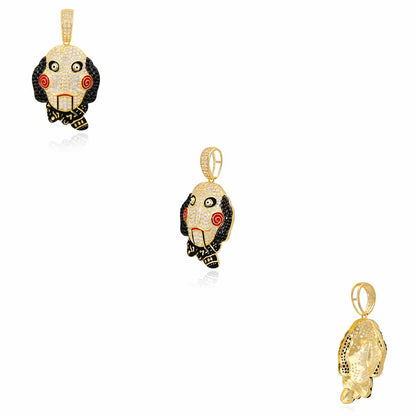 14K Yellow Gold CZ Pave SAW Jigsaw Mask Charm Pendant 1.7"