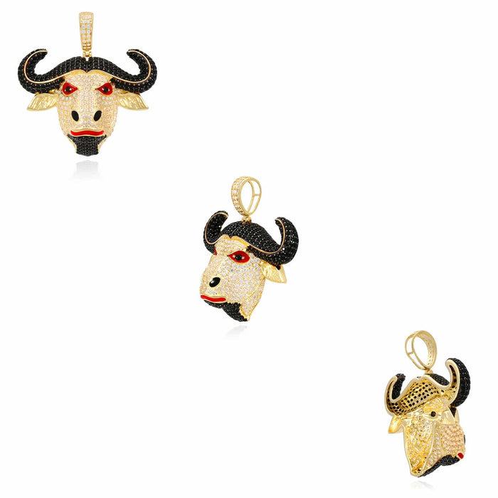 14K Yellow Gold CZ Red Eyes Bull Buffalo Pendant 1.6" - WJD Exclusives