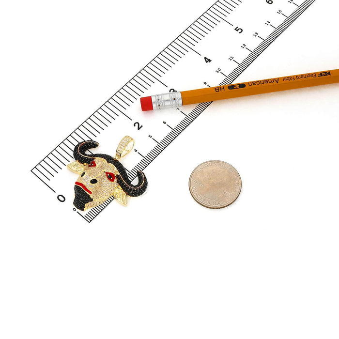 14K Yellow Gold CZ Red Eyes Bull Buffalo Pendant 1.6" - WJD Exclusives