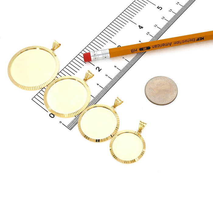 14K Gold Fluted Bezel Round Picture Memory Medallion Pendant 1.3" - 1.9" - WJD Exclusives