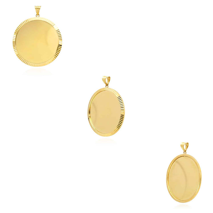 14K Gold Fluted Bezel Round Picture Memory Medallion Pendant 1.3" - 1.9" - WJD Exclusives