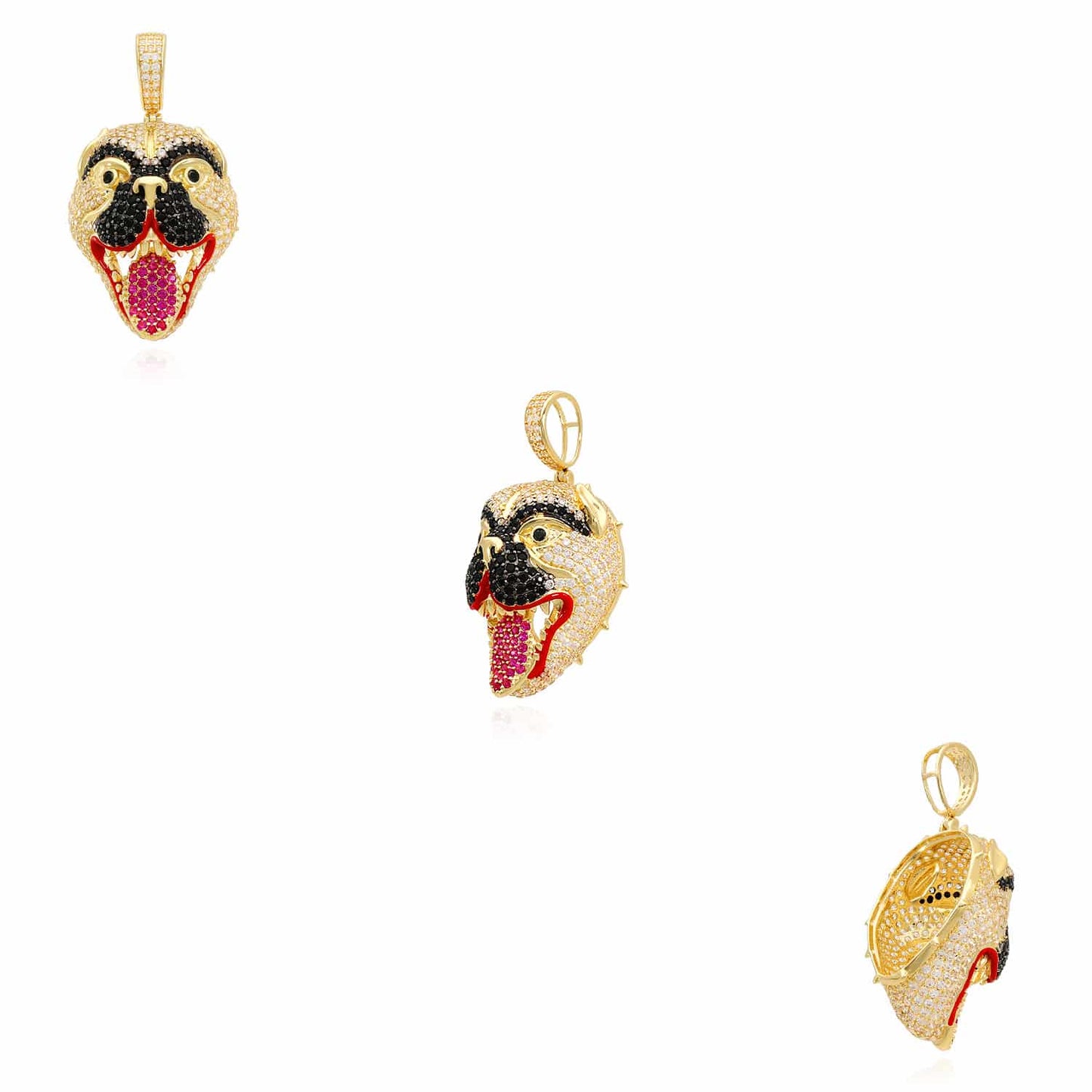 14K Yellow Gold CZ Pave Mad Dog Face Hip Hop Charm Pendant 1.8"