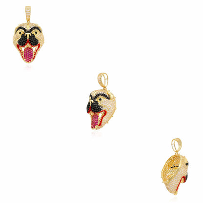 14K Yellow Gold CZ Pave Mad Dog Face Hip Hop Charm Pendant 1.8"
