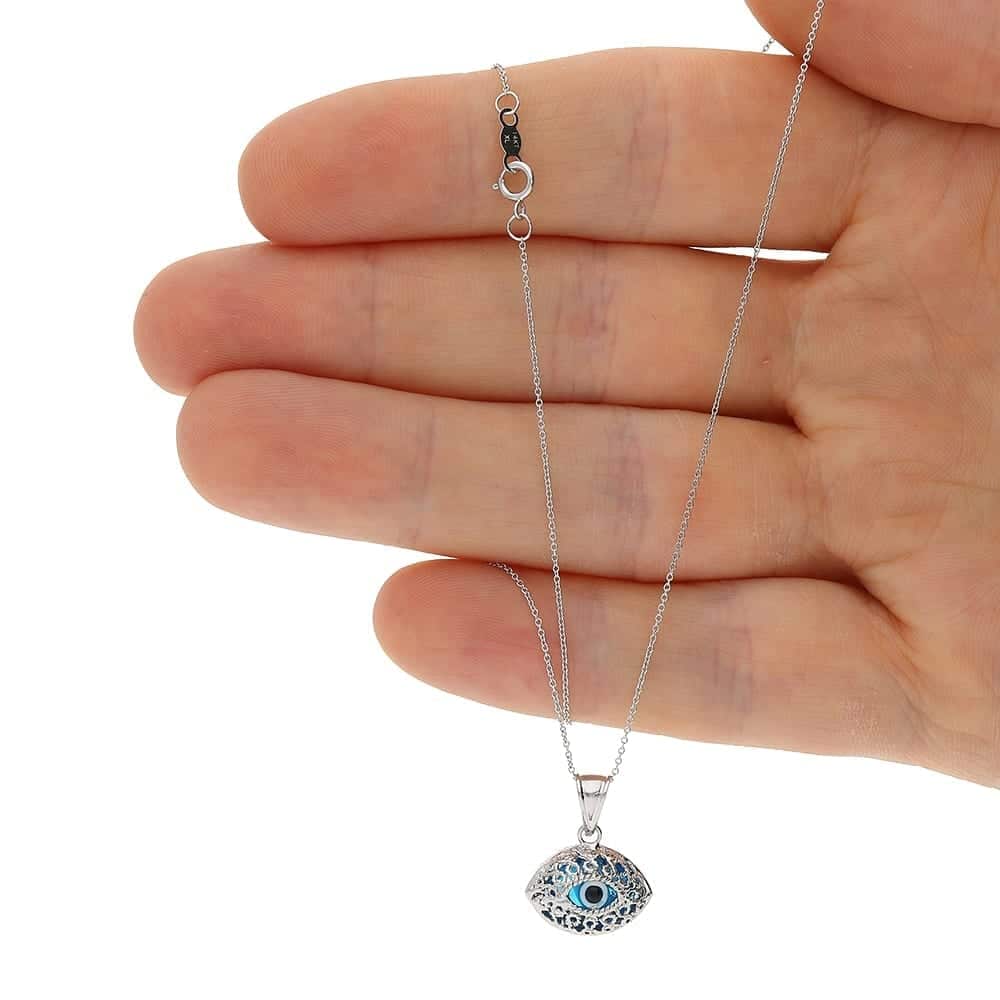 14k White Gold Evil Eye Filigree Pendant With 1mm Cable  Chain Necklace