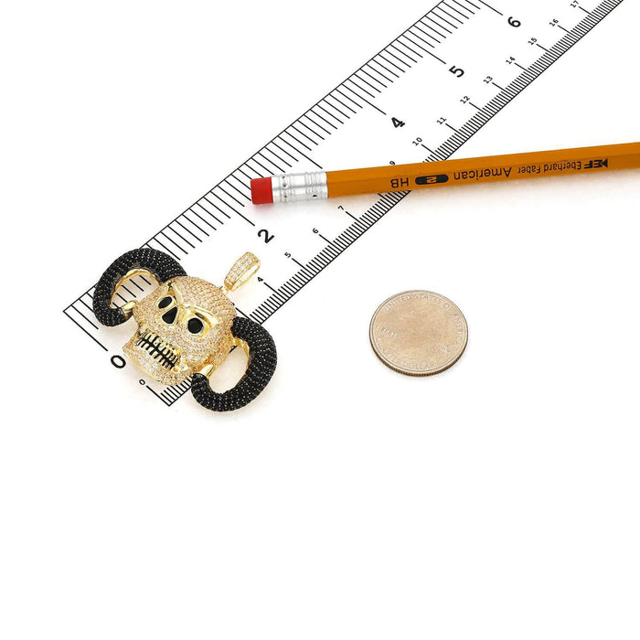 14K Yellow Gold CZ Pave Horned Ram Skull Pendant 1.7" - WJD Exclusives