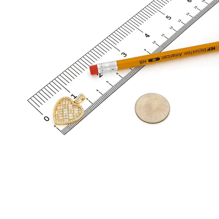 14K Yellow Gold CZ Round Baguette Pave Heart Pendant 1.1" - WJD Exclusives