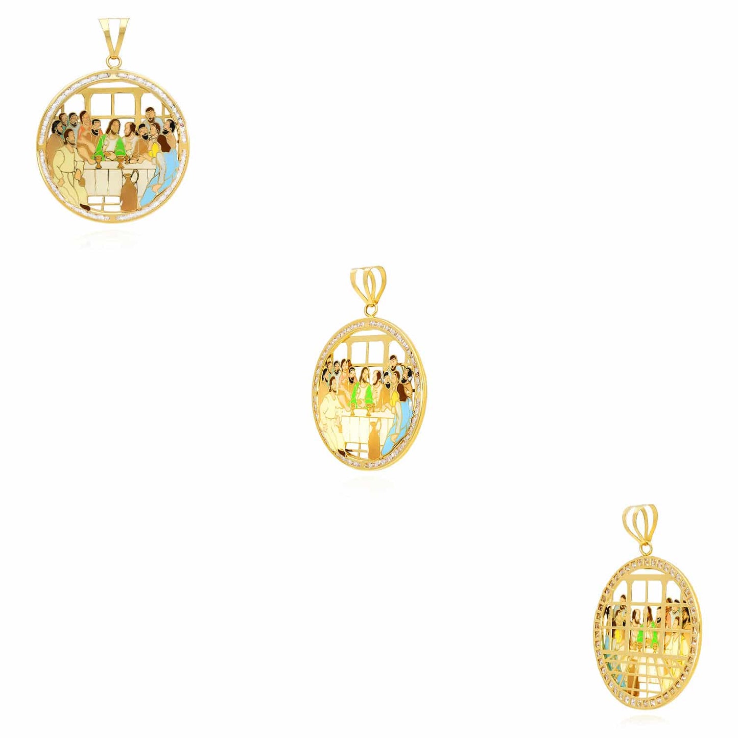14K Yellow Gold CZ Enamel Religious Last Supper Pendant 2.1"