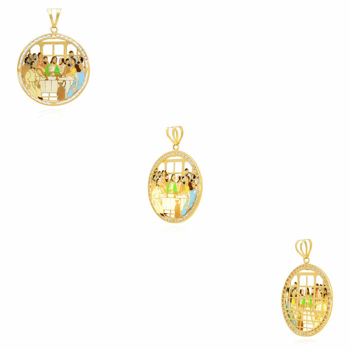 14K Yellow Gold CZ Enamel Religious Last Supper Pendant 2.1" - WJD Exclusives