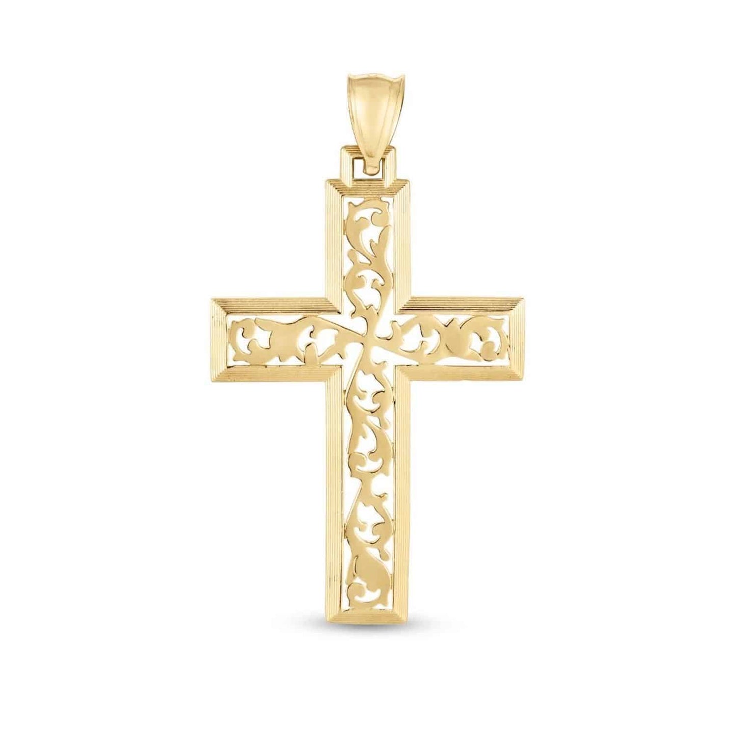 14K Yellow Gold Vine Ornament Cross Pendant 1.8"