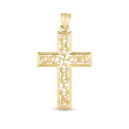 14K Yellow Gold Vine Ornament Cross Pendant 1.8"