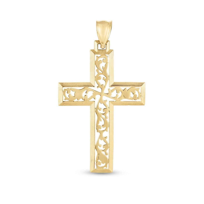 14K Yellow Gold Vine Ornament Cross Pendant 1.8" - WJD Exclusives