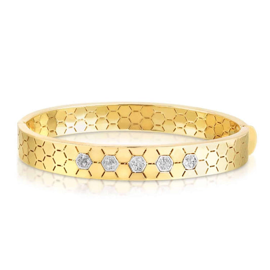 0.16CTW Real Diamond 14K Gold Yellow 9mm Honeycomb Bangle Bracelet 7"