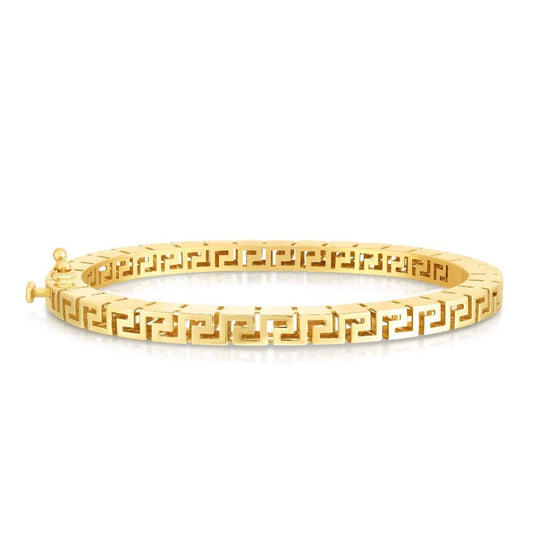 14K Gold Yellow 5mm Greek Key Ornament Bangle Bracelet 7"