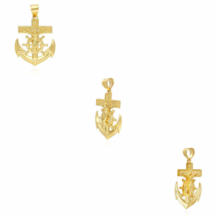 14K Yellow Gold Helm Jesus Christ Cross Anchor Pendant 1" - 1.5" - WJD Exclusives