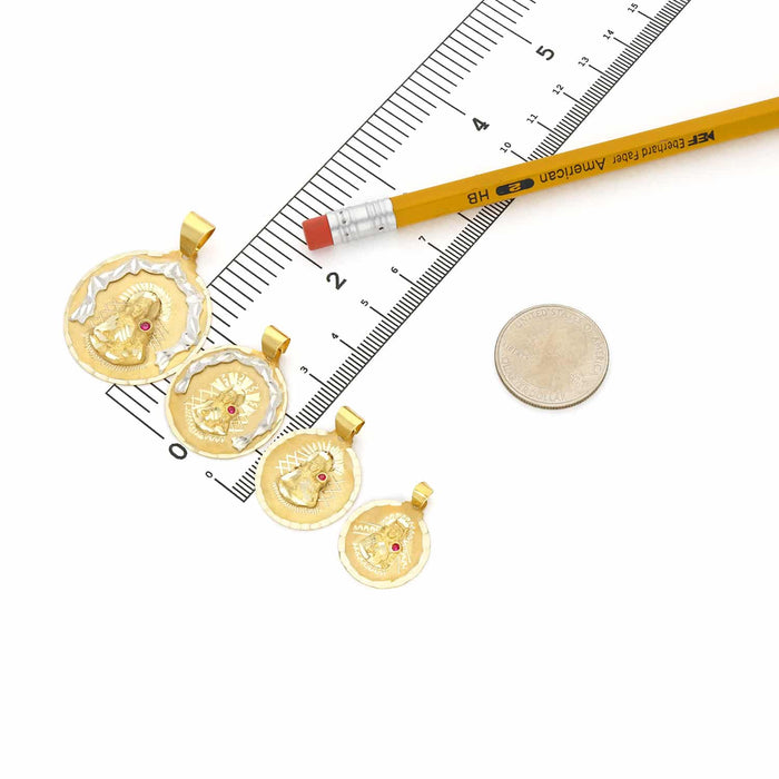 14K Yellow Gold Religious Saint Barbara Ruby Round Medallion Pendant 1" - 1.7" - WJD Exclusives