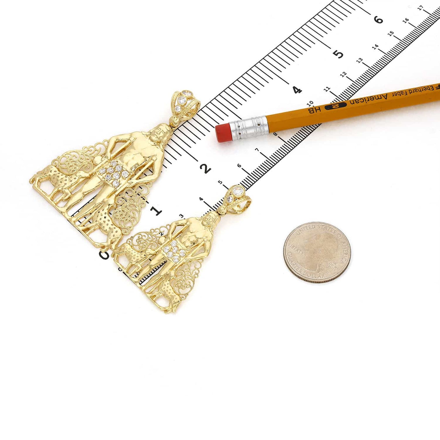 14K Real Gold CZ Religious Saint Lazaro Charm Pendant 2"-2.7"