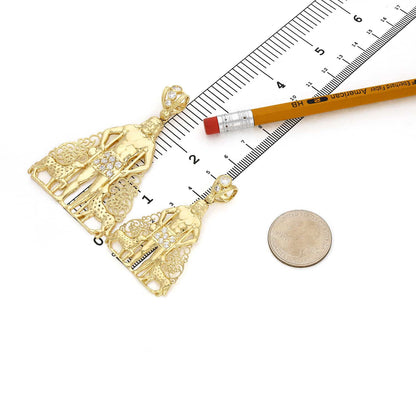 14K Real Gold CZ Religious Saint Lazaro Charm Pendant 2"-2.7"