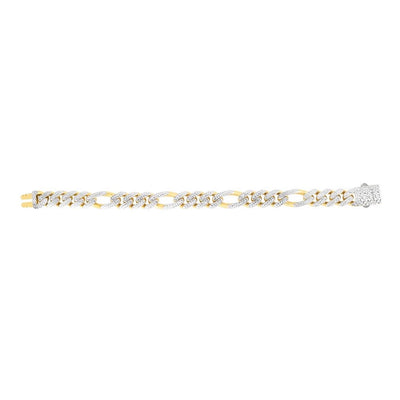 14K Yellow Gold 11.5mm White Pave Modern Lite Figaro Bracelet (Hollow) 8.5" - WJD Exclusives