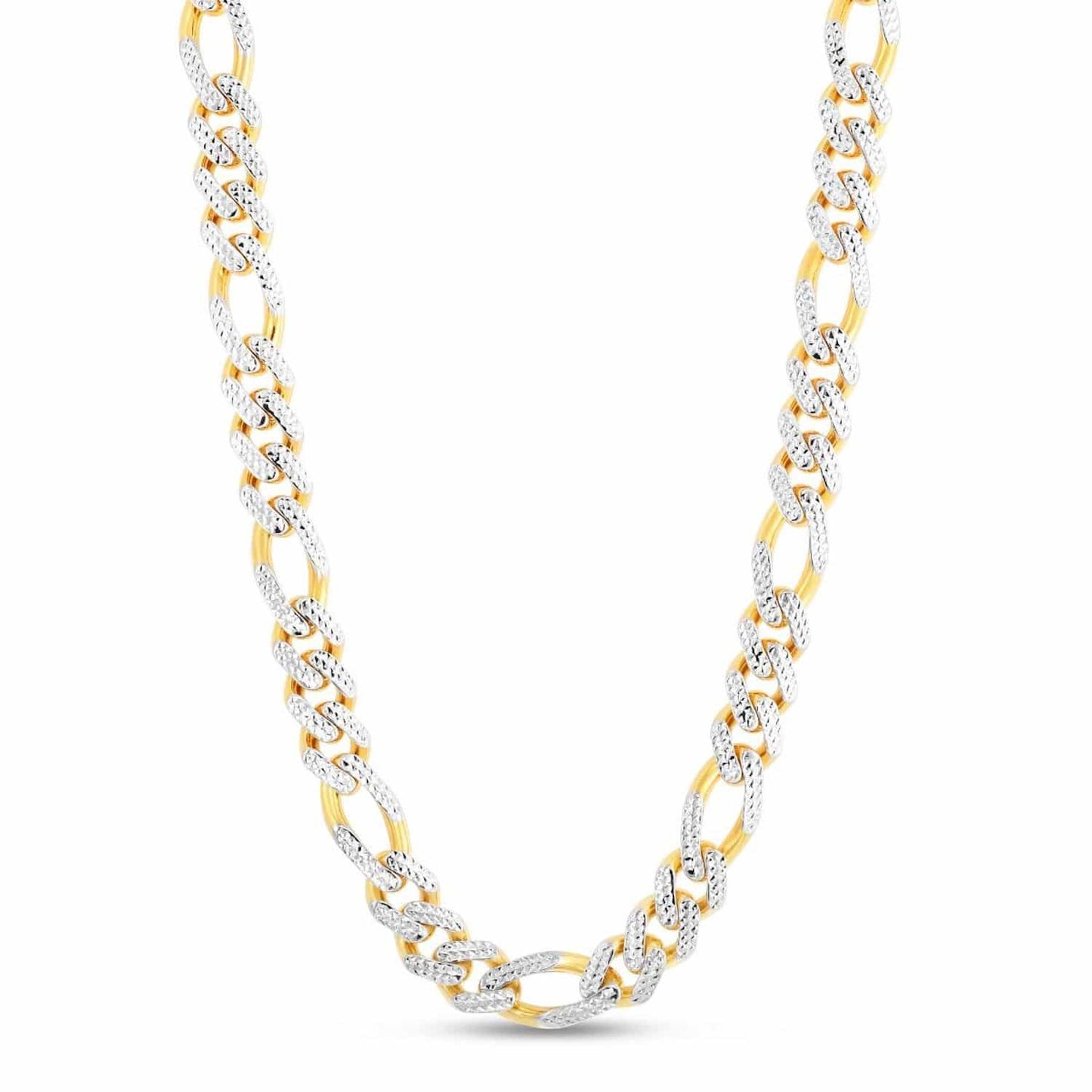 14K Yellow Gold 11.5mm White Pave Modern Lite Figaro Chain Necklace 24"