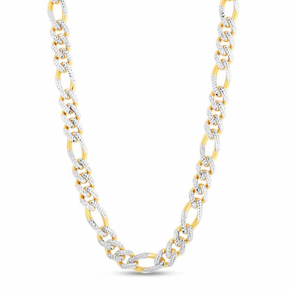 14K Yellow Gold 11.5mm White Pave Modern Lite Figaro Chain Necklace 24"