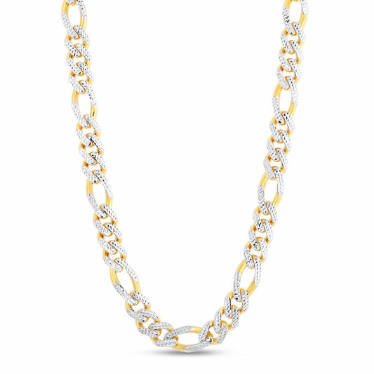 14K Yellow Gold 11.5mm White Pave Modern Lite Figaro Chain Necklace 24"