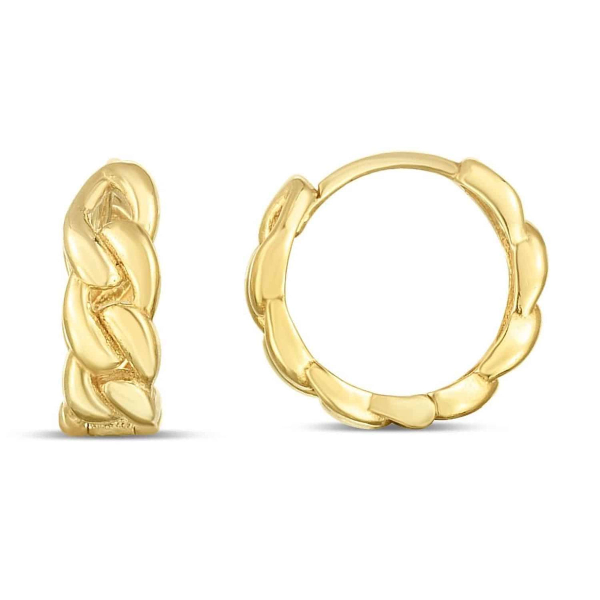 14K Yellow Gold Classic Miami Cuban Curb Snap Huggie Hoop Earrings 10mm - WJD Exclusives