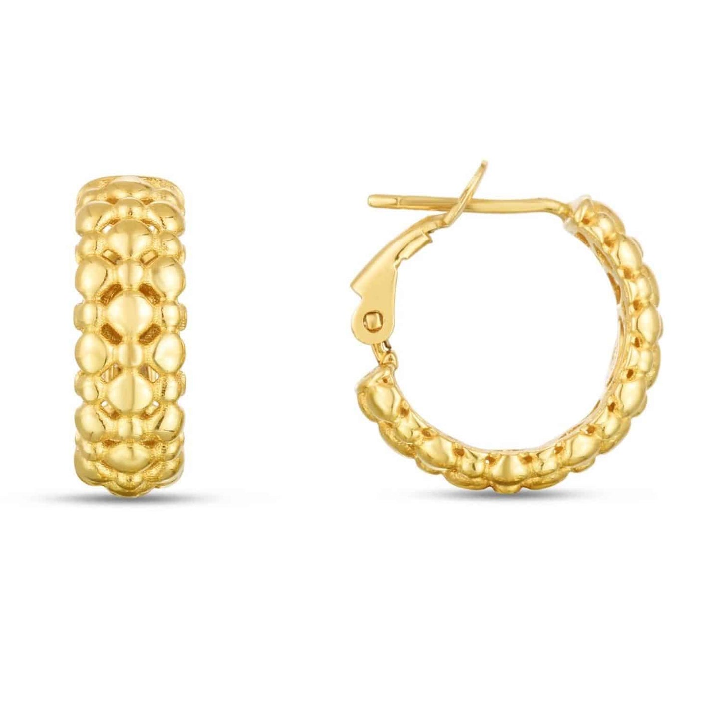 14K Yellow Gold Puffed Textured Beaded Hoop Earrings 19mm