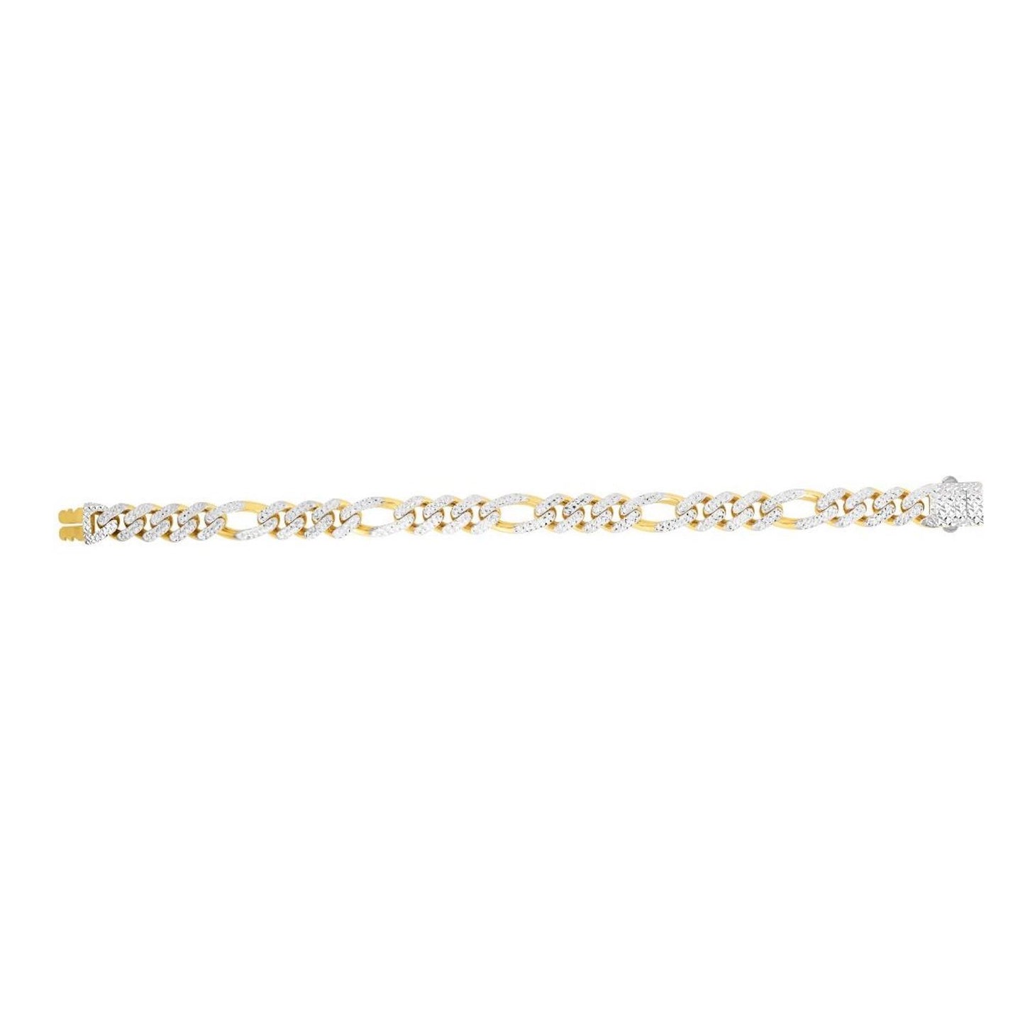 14K Gold Yellow 9.5mm White Diamond-Cut Pave Modern Lite Figaro Bracelet 8.25"